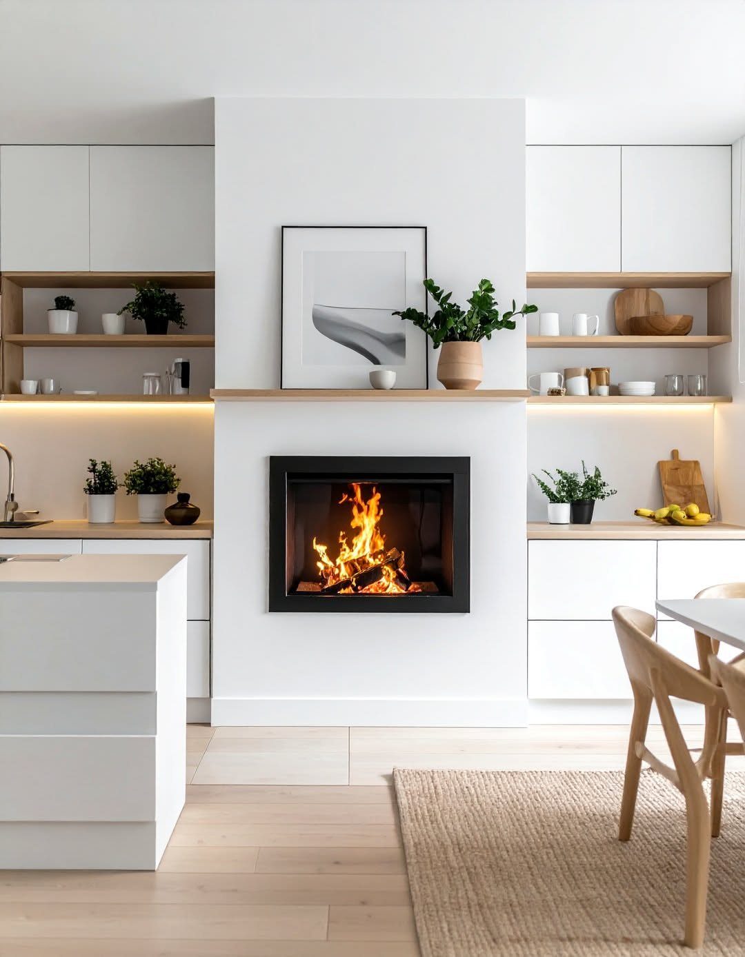 Adding Cabinets to Kitchen: 6 Ways to Gain Storage and Style 5 A modern white kitchen with a built-in electric fireplace displaying glowing orange flames.