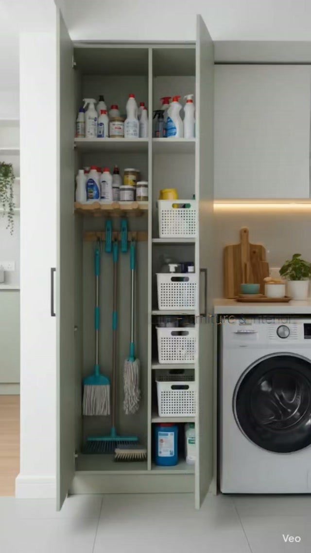 Adding Cabinets to Kitchen: 6 Ways to Gain Storage and Style 1 Tall open laundry room cabinet filled with cleaning supplies, baskets, and hanging mops and brooms.