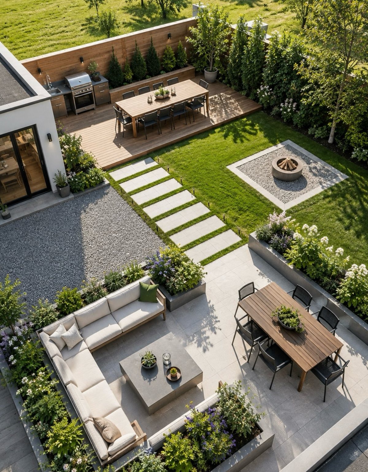 Modern backyard landscape featuring a wooden deck, stone patio, green lawn, and a circular fire pit.