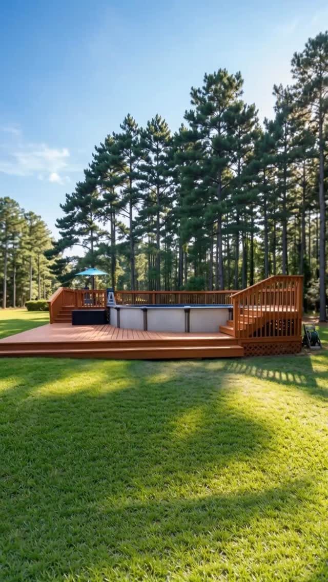 A multi-level wooden backyard deck with a built-in hot tub and stairs.