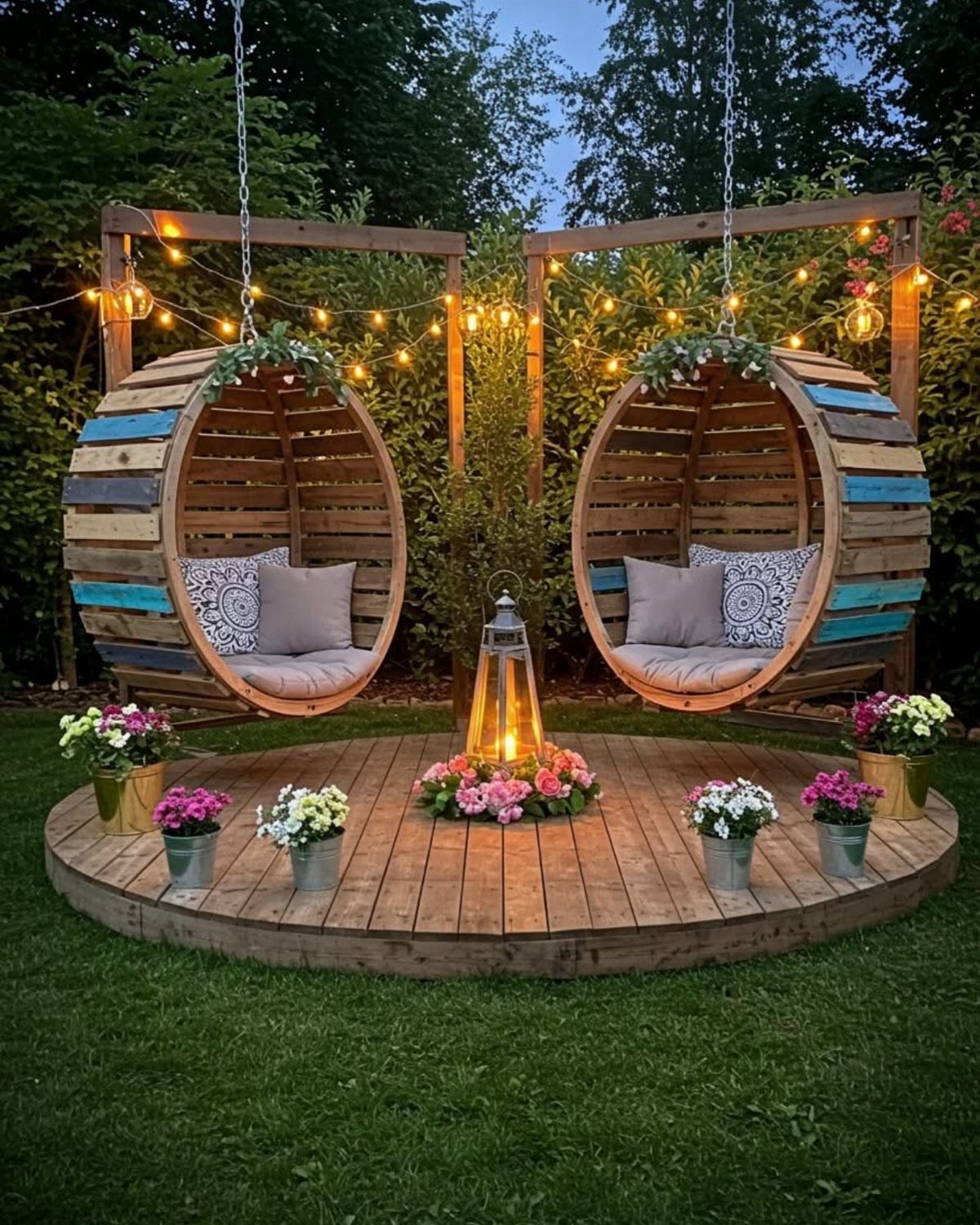 Two wooden egg-shaped hanging chairs suspended over a circular wooden deck with flowers and lanterns.