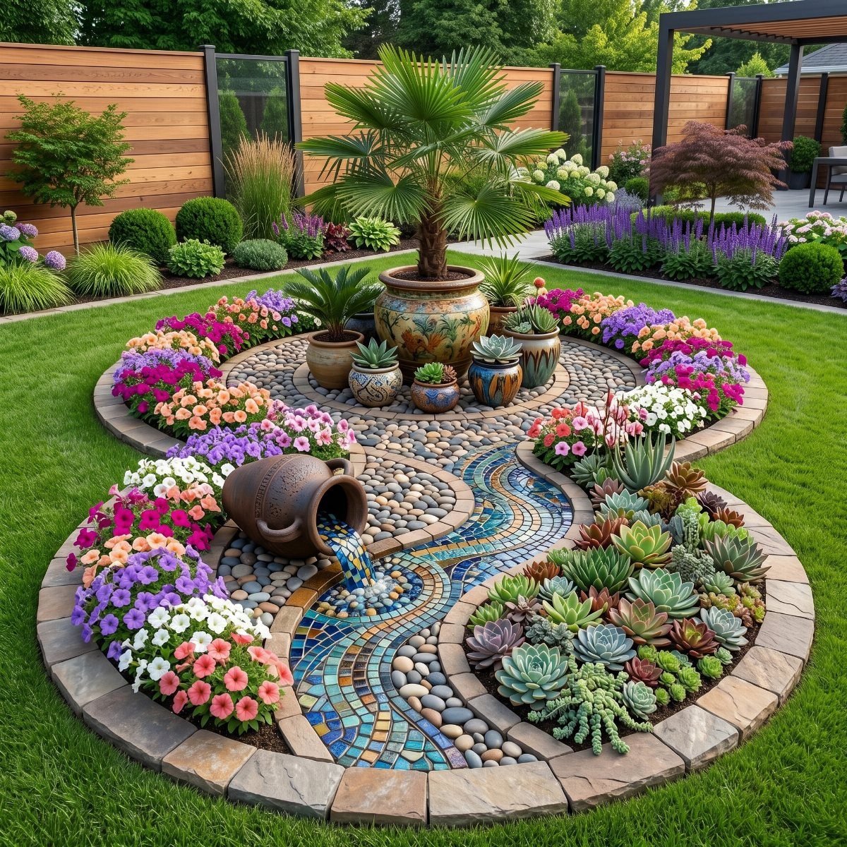 A circular garden bed filled with colorful flowers, succulents, and a blue mosaic stone path.
