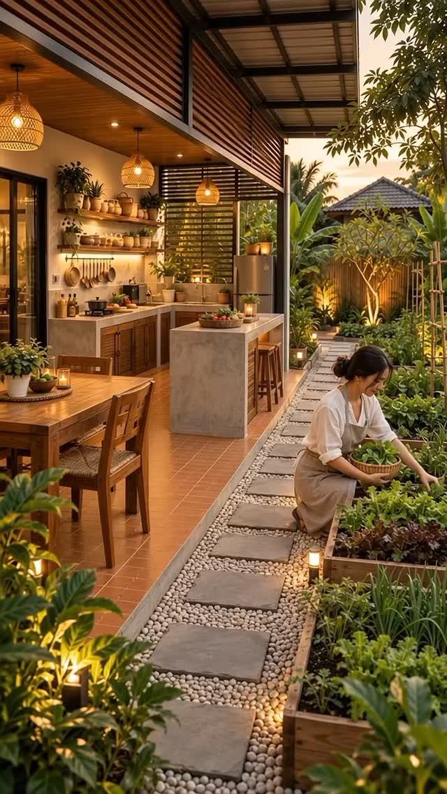 A woman tending to lush green plants in wooden raised garden beds outdoors.