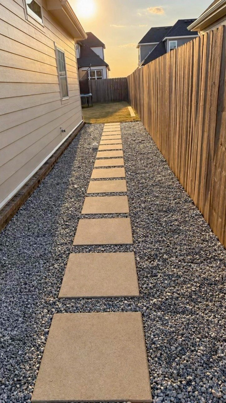 Square concrete pavers create a straight walkway through grey gravel in a narrow side yard.