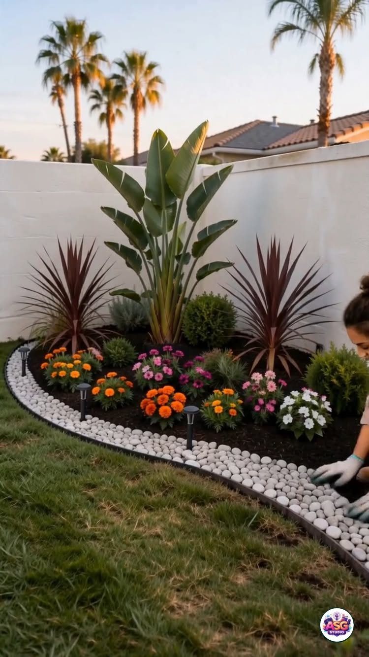 A colorful garden bed with tropical plants and flowers bordered by white stones and a dark edge.