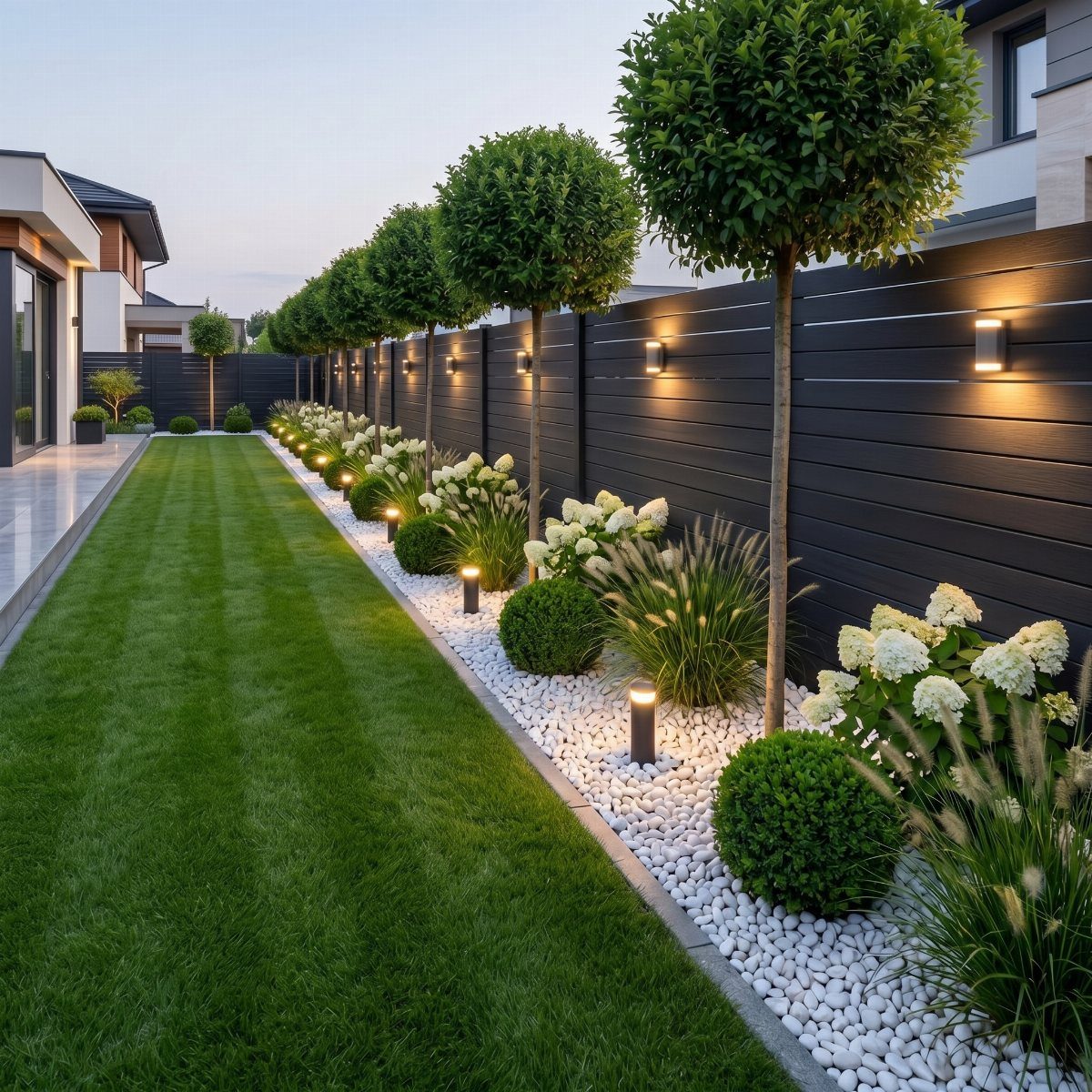 Manicured backyard garden with green lawn, topiary trees, white pebbles, and landscape lighting along a black fence.