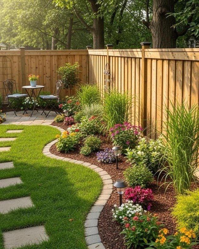 A winding garden bed with colorful flowers and stone edging next to a green lawn.
