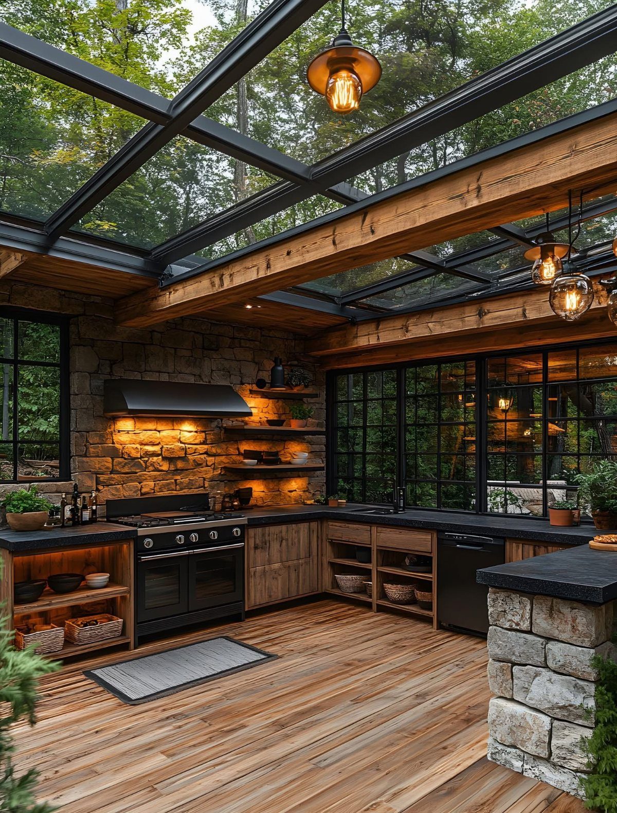 Barndominium Indoor Outdoor Kitchen: 8 Ideas That Erase the Wall 2 Outdoor kitchen with wood cabinetry, black appliances, and stone walls under a glass roof structure.