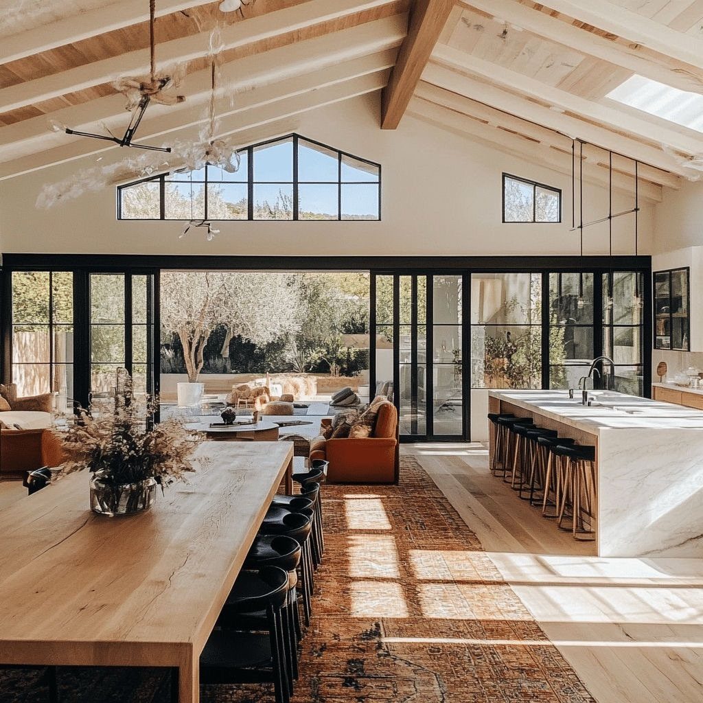 Barndominium Indoor Outdoor Kitchen: 8 Ideas That Erase the Wall 5 Modern open-concept kitchen and dining area with a large marble island and black-framed glass doors.