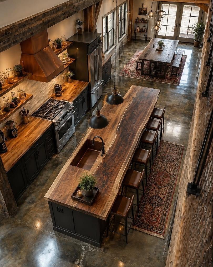 Barndominium Indoor Outdoor Kitchen: 8 Ideas That Erase the Wall 7 A rustic kitchen with a large live-edge wood island and dark cabinetry under high ceilings.
