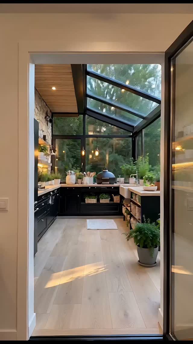 Barndominium Indoor Outdoor Kitchen: 8 Ideas That Erase the Wall 6 A sunlit kitchen with black cabinets and a glass roof overlooking a green forest.