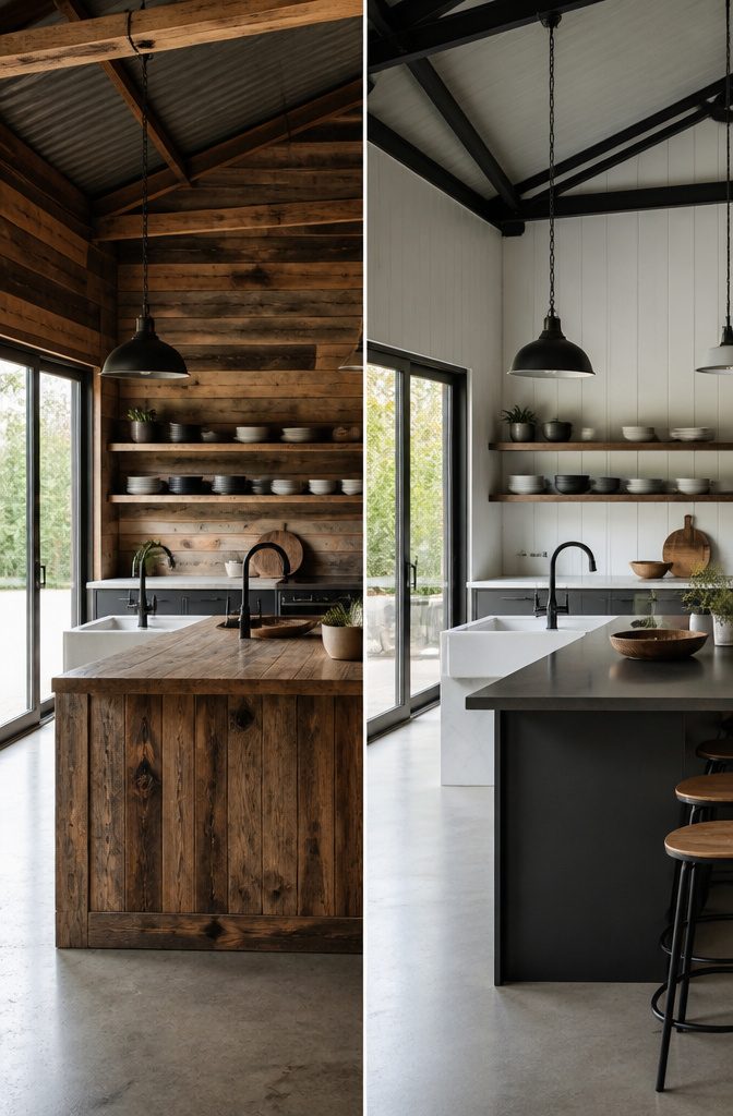 Barndominium Indoor Outdoor Kitchen Plans and Layout Ideas 10 A barndominium kitchen with reclaimed wood and modern cabinetry.