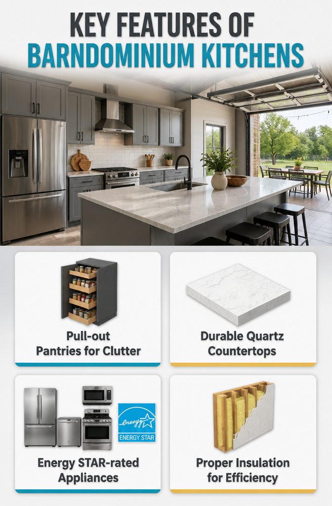 Barndominium Indoor Outdoor Kitchen Plans and Layout Ideas 9 A diagram showing key features of barndominium kitchen storage.