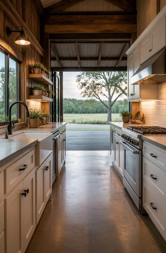 Barndominium Indoor Outdoor Kitchen Plans and Layout Ideas 3 A galley kitchen with two parallel white cabinets and a window above the sink.