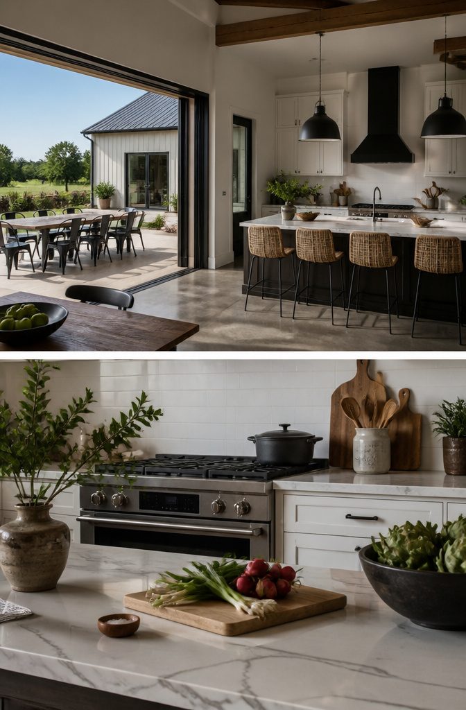 Barndominium Indoor Outdoor Kitchen Plans and Layout Ideas 7 A barndominium kitchen with large sliding doors connecting to the outdoors.