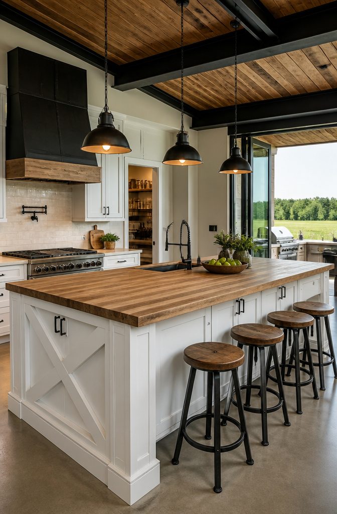 Barndominium Indoor Outdoor Kitchen Plans and Layout Ideas 5 A kitchen island in a barndominium kitchen with seating and storage.
