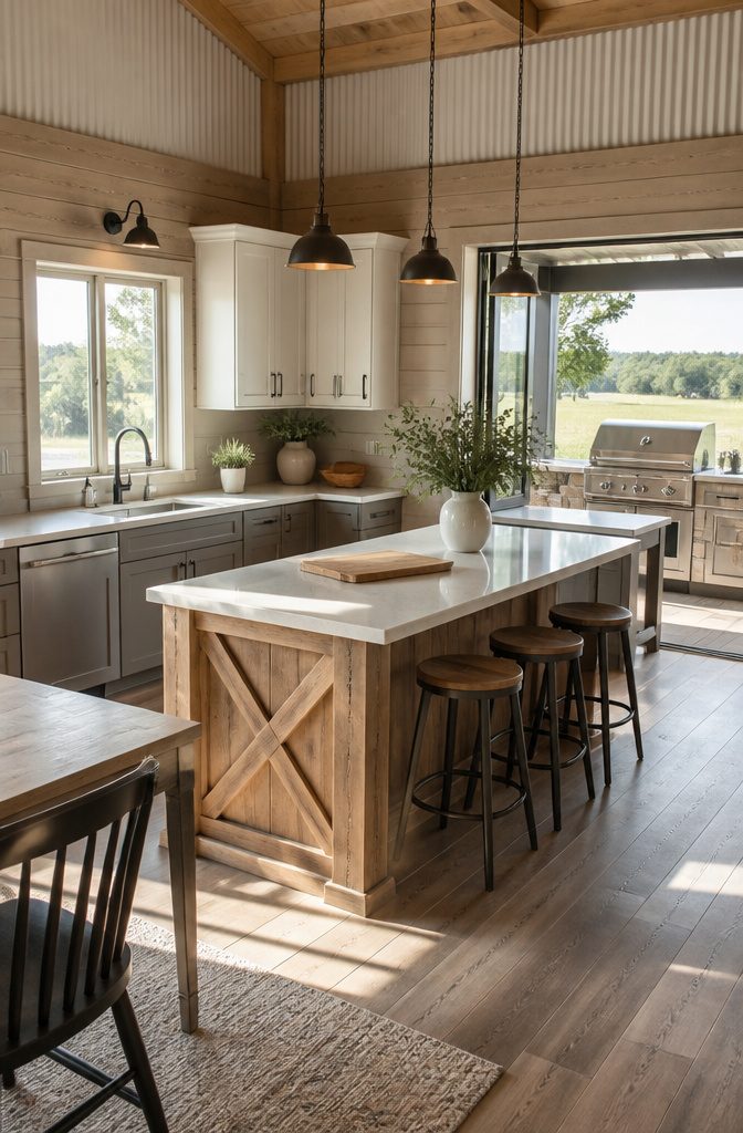 Barndominium Indoor Outdoor Kitchen Plans and Layout Ideas 2 An L-shaped kitchen with grey and white cabinetry and a window.
