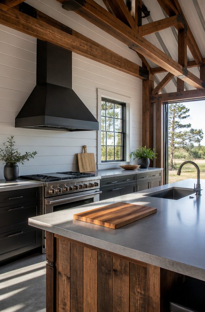 Barndominium Indoor Outdoor Kitchen Plans and Layout Ideas 8 A kitchen showcasing reclaimed wood beams and quartz countertops.