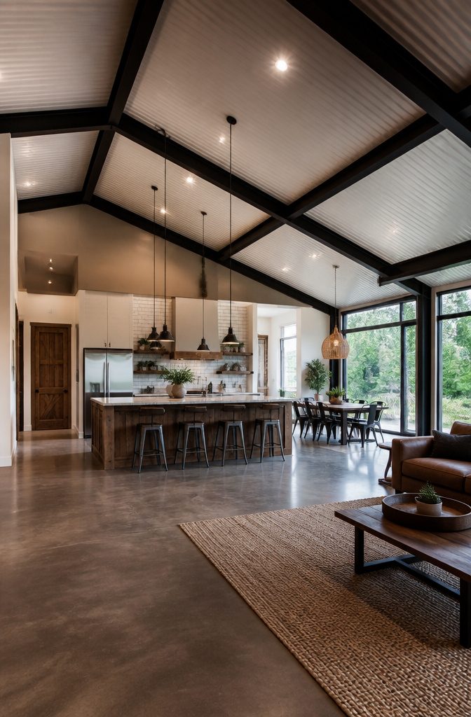 Barndominium Indoor Outdoor Kitchen Plans and Layout Ideas 1 An open-concept kitchen with vaulted ceilings and a large island.
