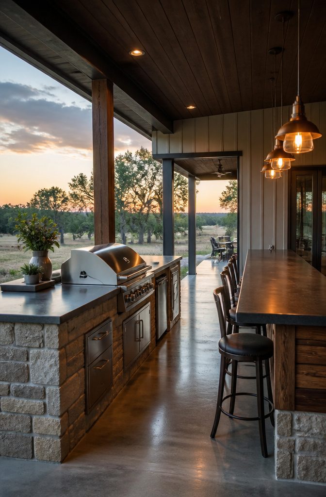 Barndominium Indoor Outdoor Kitchen Plans and Layout Ideas 11 An outdoor kitchen setup with a built-in grill and covered bar area.