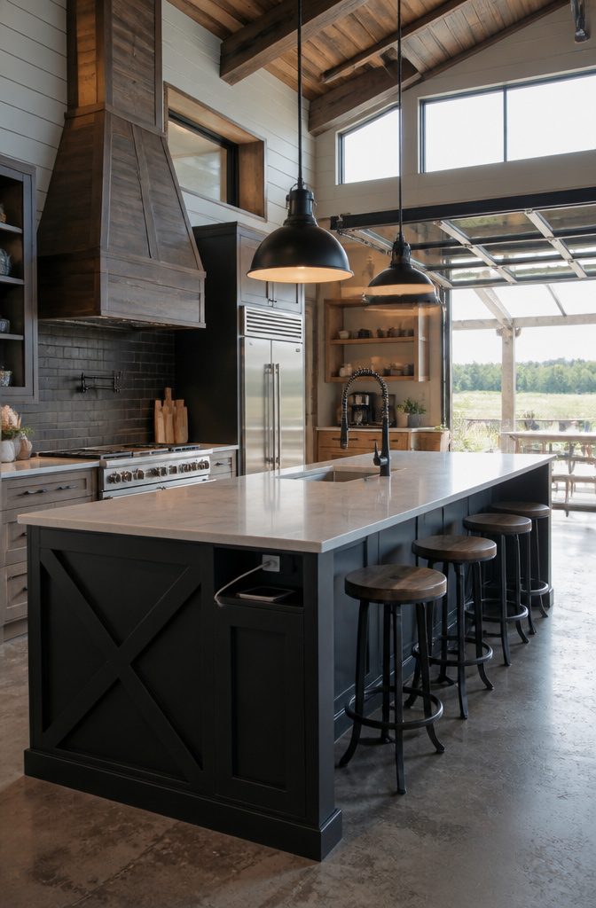 Barndominium Indoor Outdoor Kitchen Plans and Layout Ideas 12 A modern barndominium kitchen featuring smart technology and hidden charging stations.