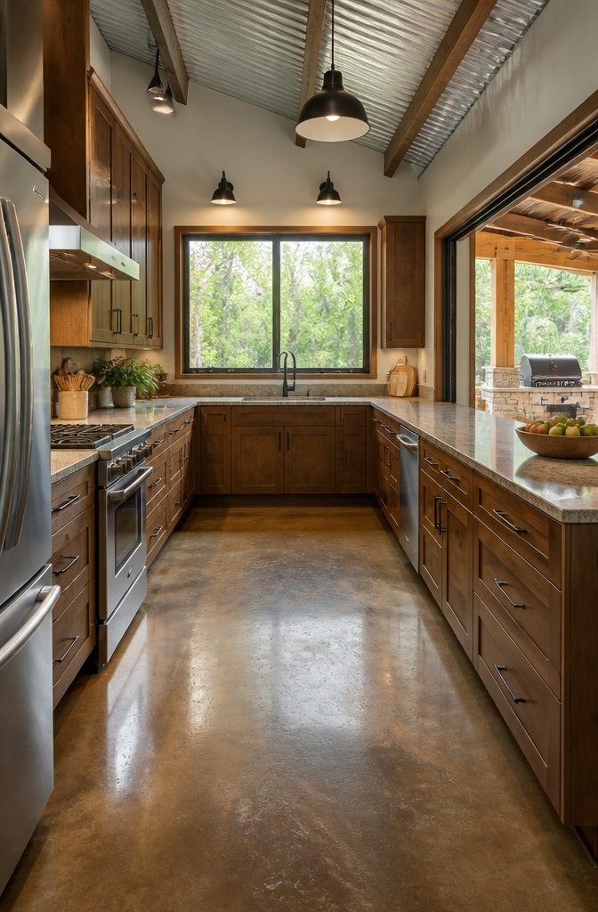 Barndominium Indoor Outdoor Kitchen Plans and Layout Ideas 4 A U-shaped kitchen with wooden cabinets and modern appliances.