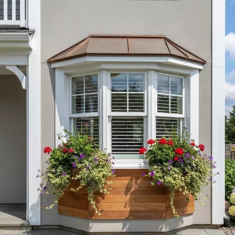 A wooden window box planter with colorful red and purple flowers hanging beneath a white bay window.