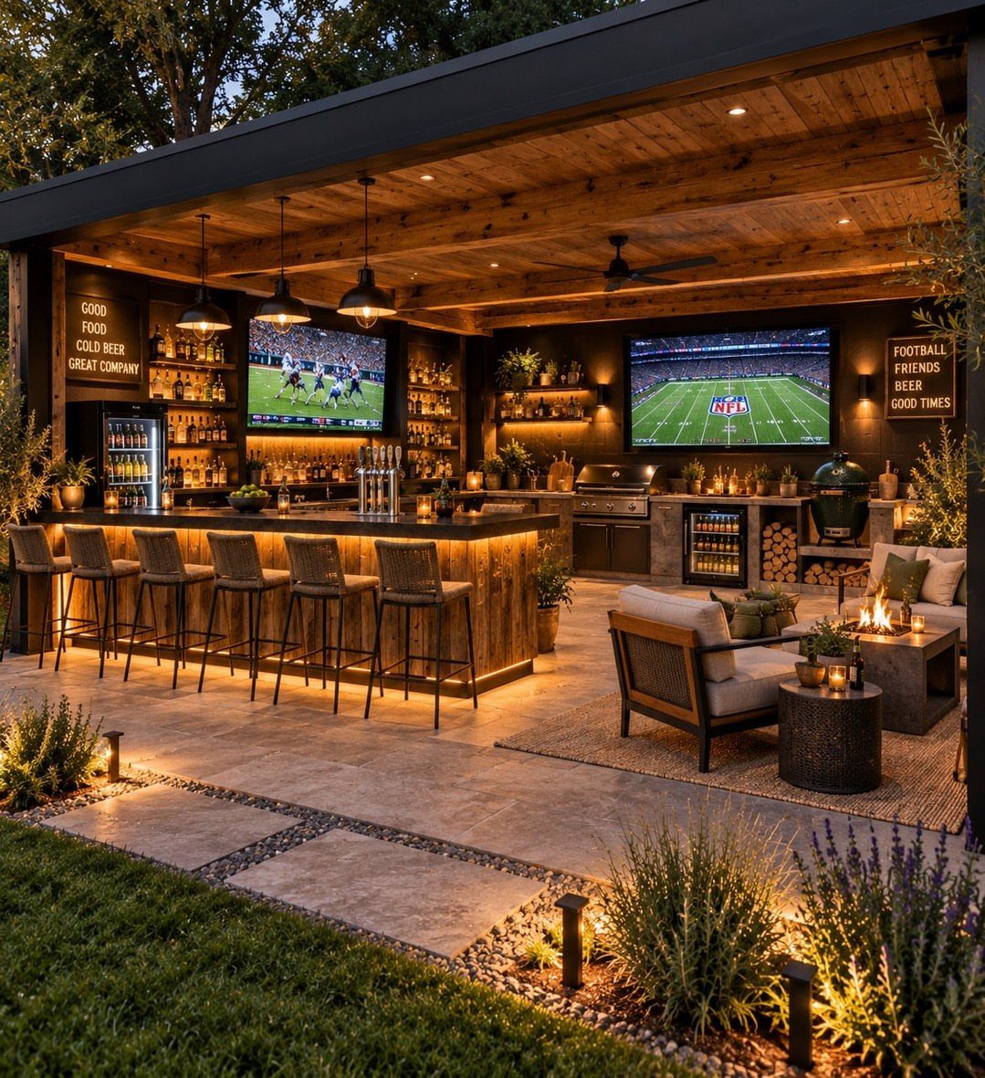 Outdoor bar area with wooden counter, bar stools, large televisions, and lounge seating under a pavilion.