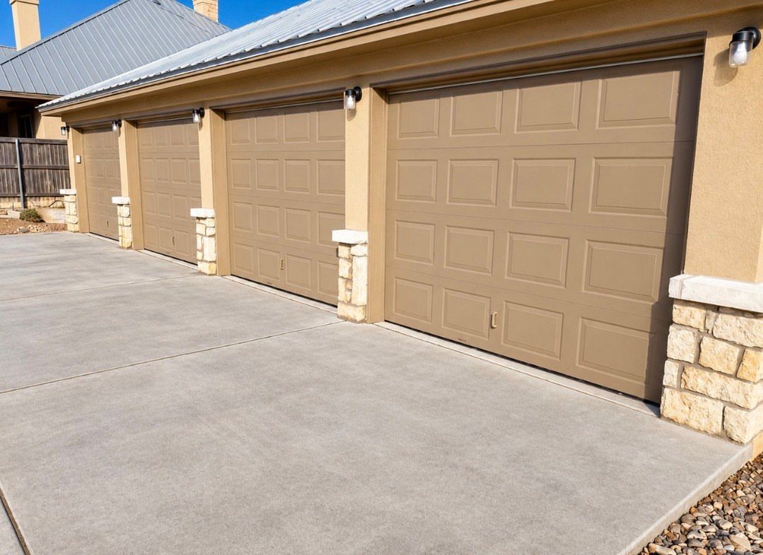 Four tan garage doors with brown panels sit above a wide concrete driveway.
