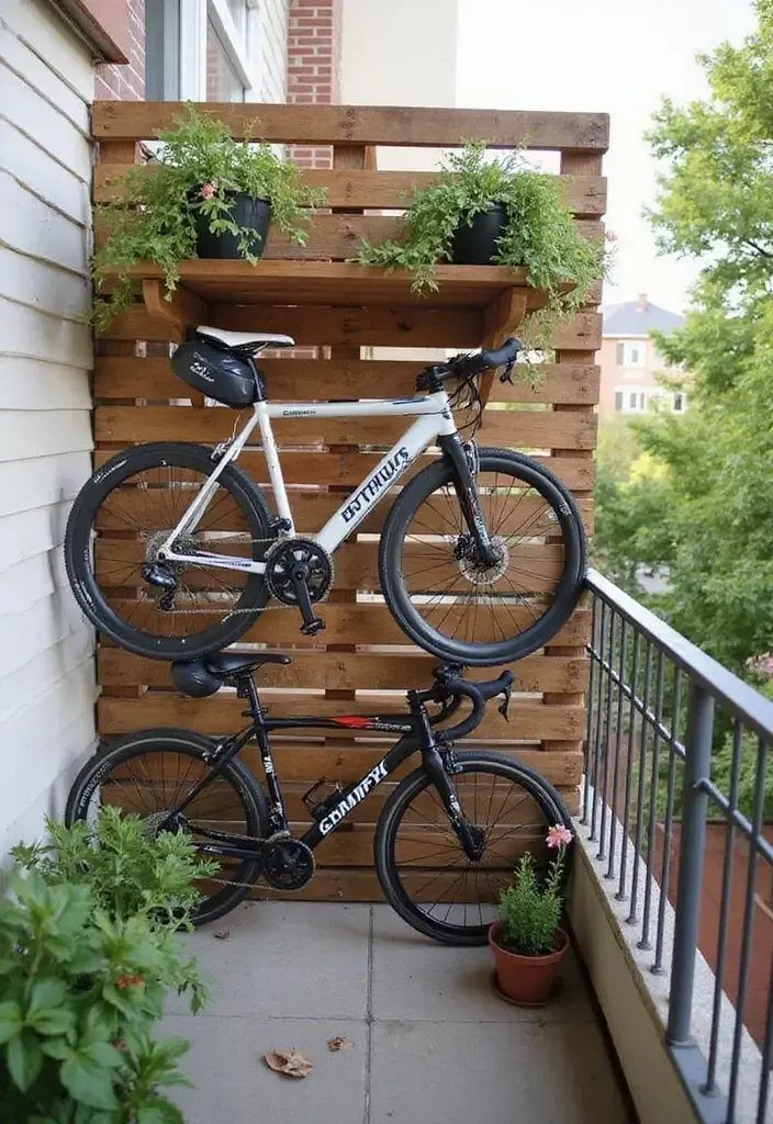 Two bicycles stored on a balcony using a wooden pallet wall and shelving unit.