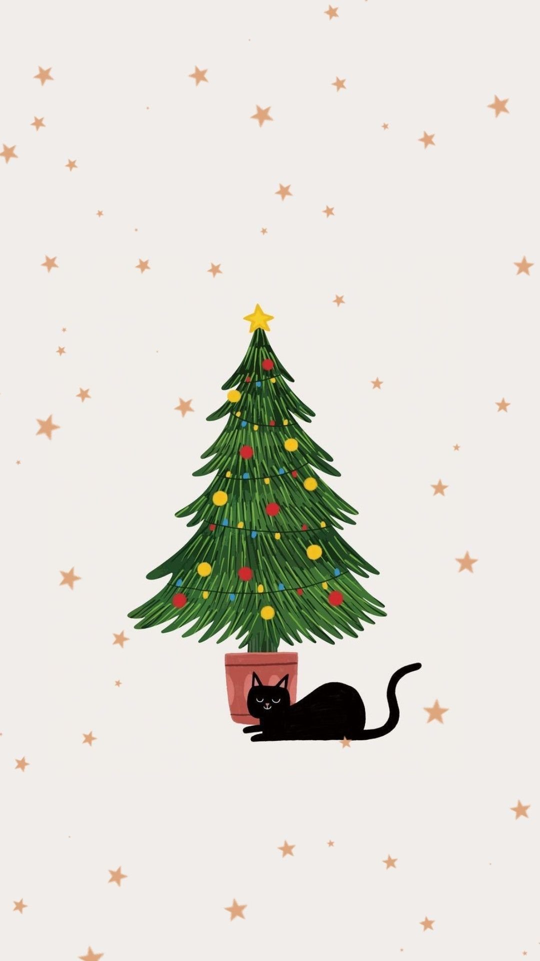 Black Cat Christmas: 8 Photo Ideas for the Holidays 5 A black cat lying next to a decorated Christmas tree on a star-patterned cream background.
