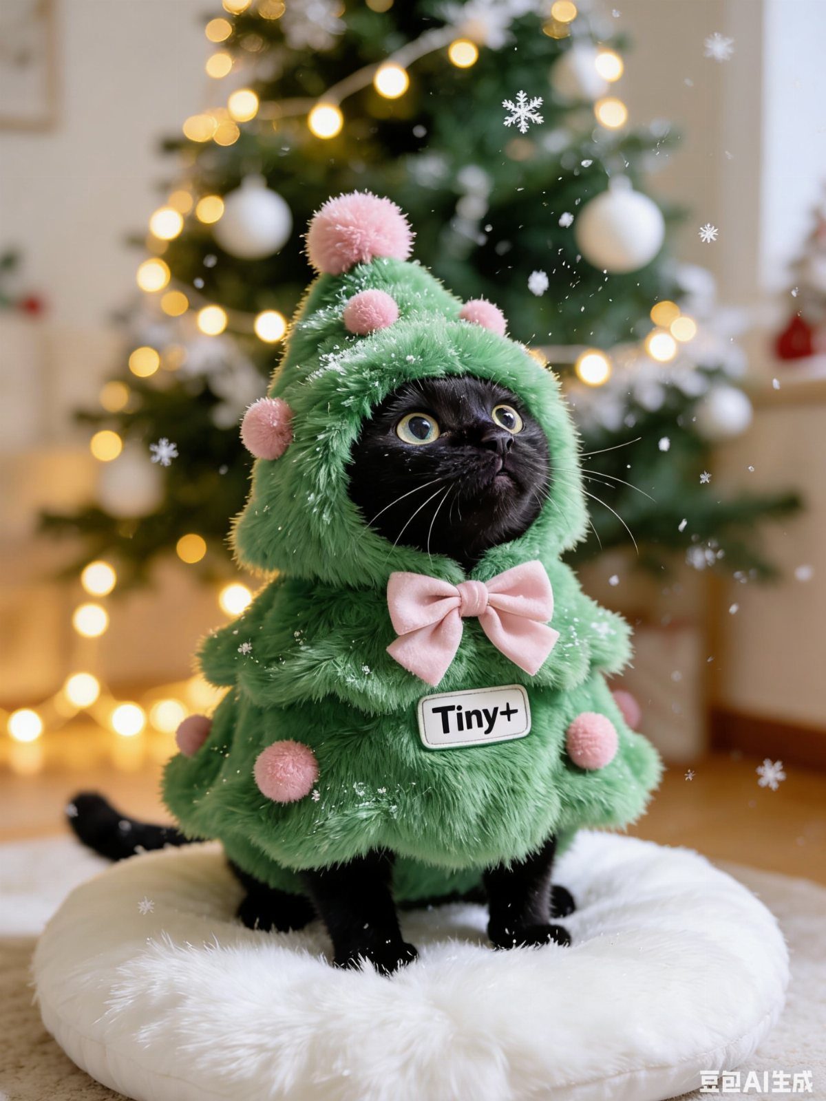 Black Cat Christmas: 8 Photo Ideas for the Holidays 8 Black cat in a green fuzzy Christmas tree costume sitting before a decorated tree.