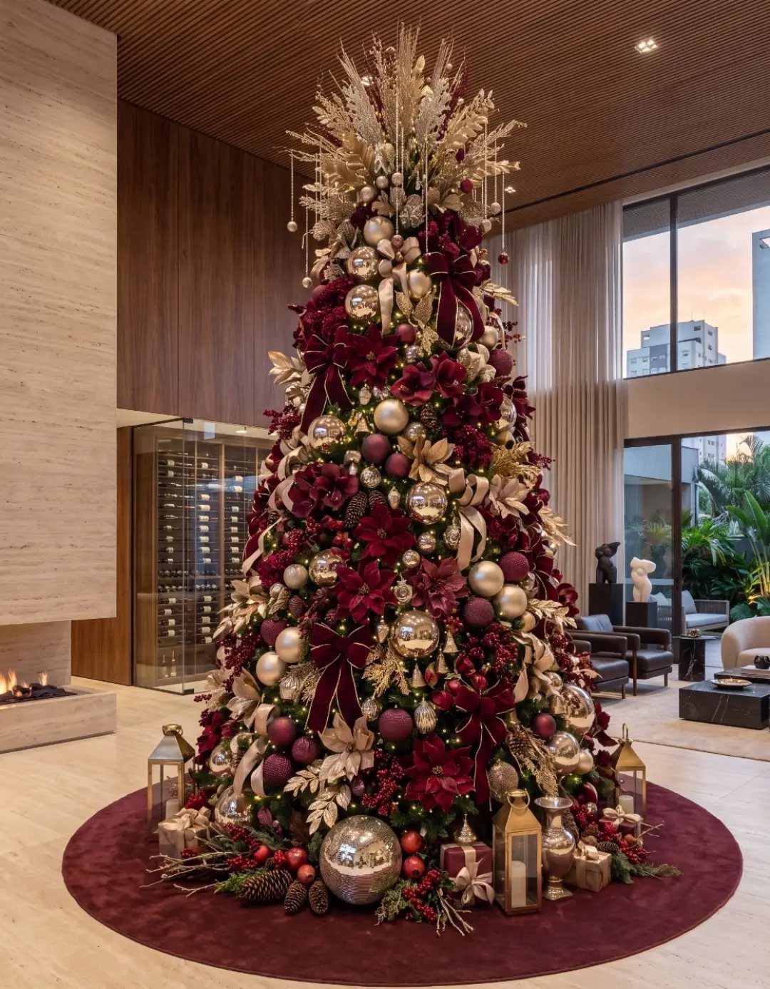 Burgundy Tree Decor: 9 Ideas Borrowed from High-End Design 1 A tall Christmas tree decorated with burgundy flowers and gold ornaments on a red rug.