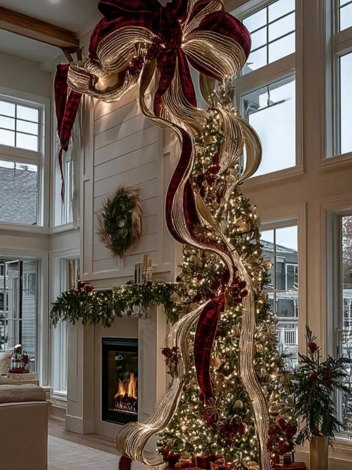 9 Ceiling Christmas Decor Ideas for 2026 5 A decorated Christmas tree with large red and gold ribbons cascading from the ceiling near a fireplace.