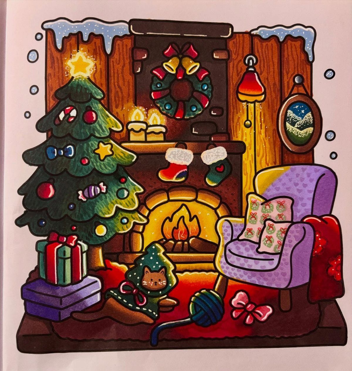 25 Christmas Art and Craft Ideas for Cards, Ornaments, and Decor 18 Colorful illustration of a cozy Christmas living room with a tree, fireplace, and a cat.