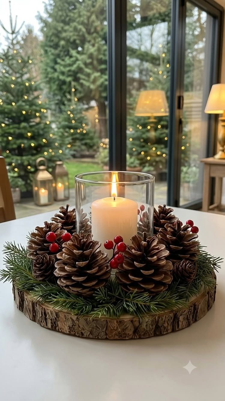 Christmas Decorations with Pinecones: 17 Ideas for Your Home 12 A lit candle in glass surrounded by pinecones and red berries on a wood slice.