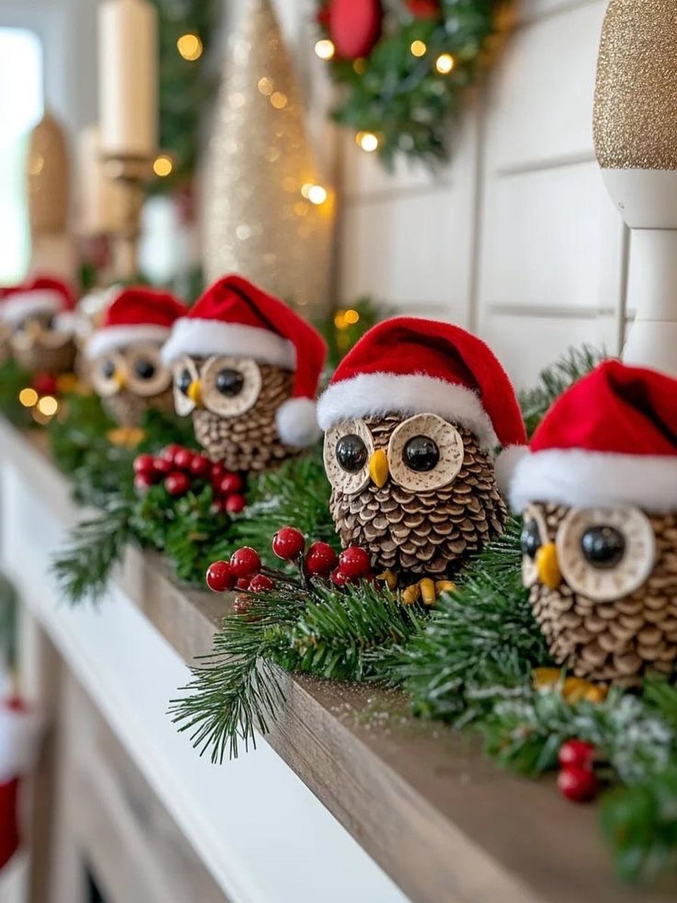 Christmas Decorations with Pinecones: 17 Ideas for Your Home 17 Pinecone owls wearing red Santa hats sitting on a mantel with greenery and berries.