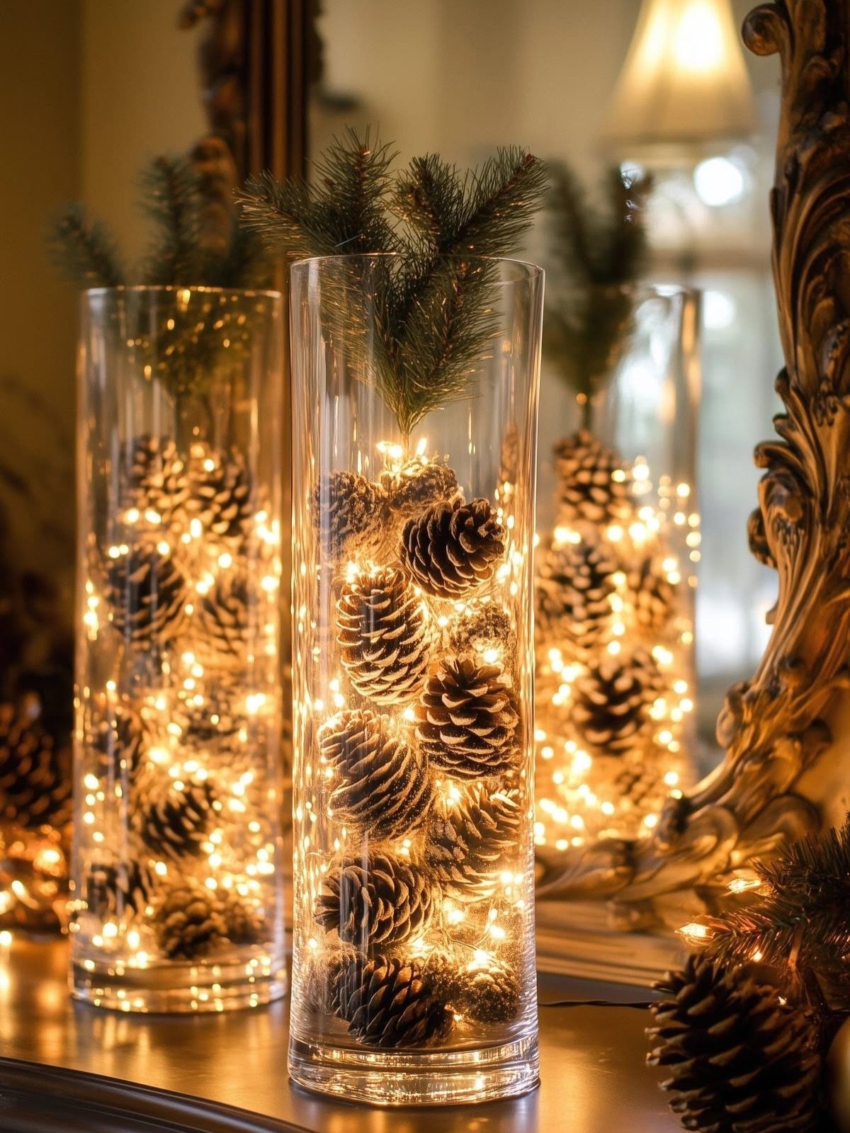 Christmas Decorations with Pinecones: 17 Ideas for Your Home 13 Tall glass vases filled with pinecones and glowing fairy lights on a table.