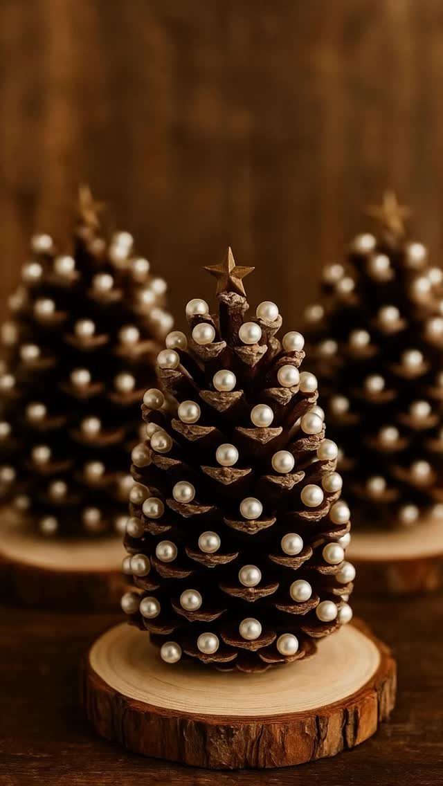 Christmas Decorations with Pinecones: 17 Ideas for Your Home 6 Three small pinecone Christmas trees decorated with white pearls and gold stars on wooden bases.