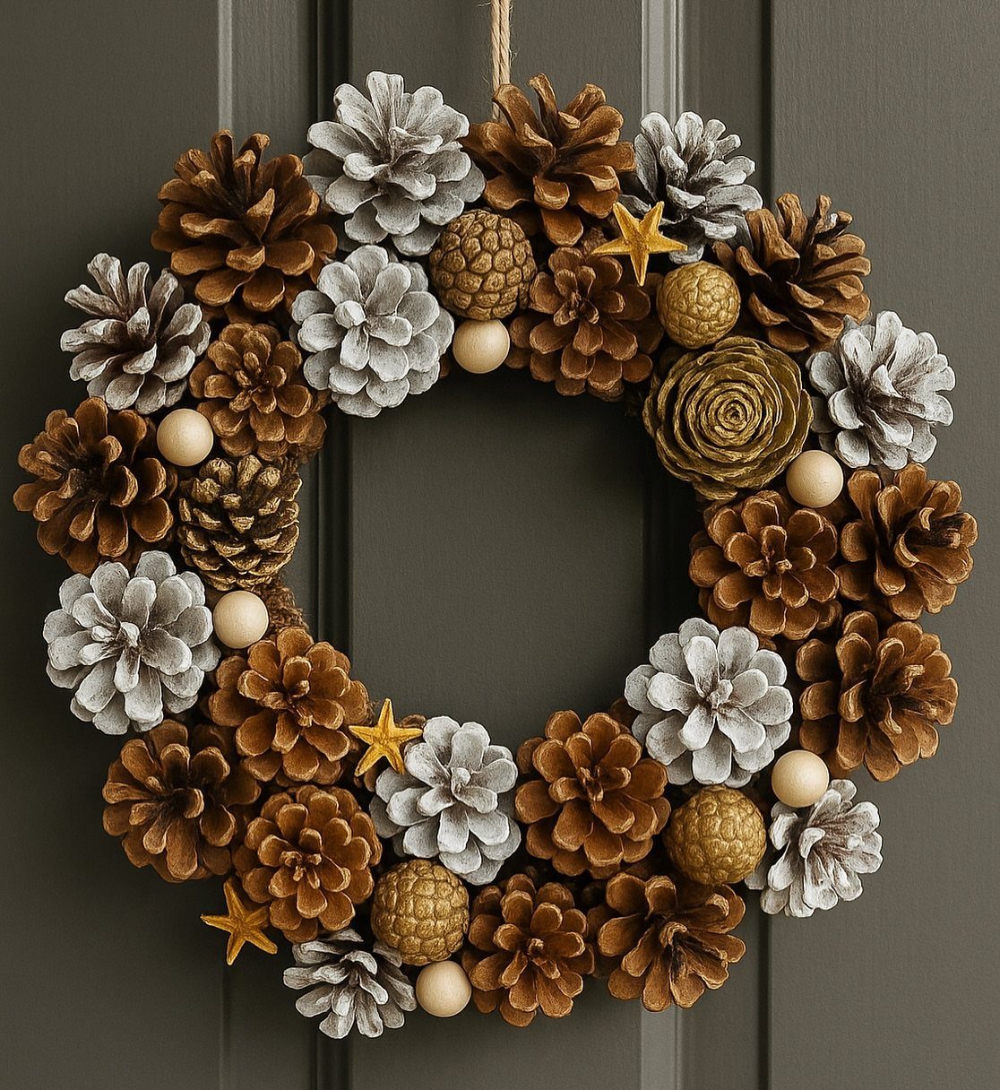 Christmas Decorations with Pinecones: 17 Ideas for Your Home 1 A decorative wreath composed of brown, white, and gold pinecones with small star accents.