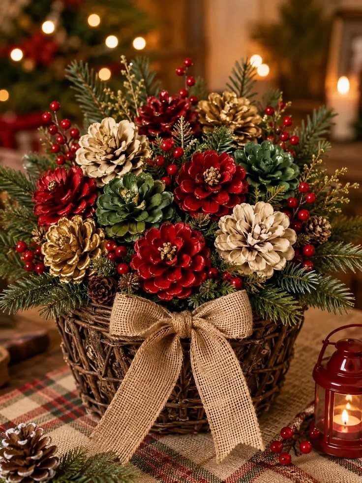 Christmas Decorations with Pinecones: 17 Ideas for Your Home 14 Painted red, gold, and green pinecones arranged with berries in a wicker basket.