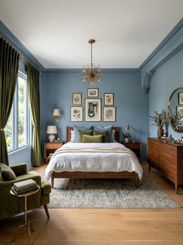 Cleaning Checklist by Room: 4 Lists That Actually Get Finished 1 A tidy bedroom featuring a wooden bed, blue walls, green accents, and a starburst chandelier.