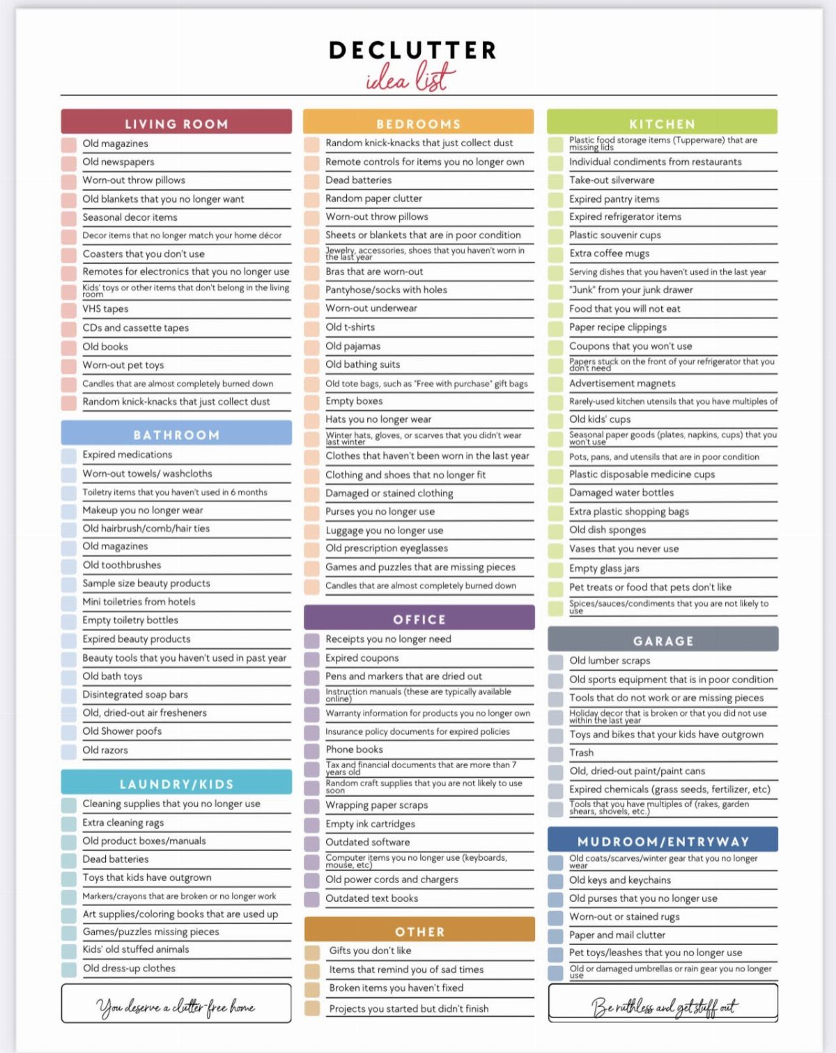 Cleaning Checklist by Room: 4 Lists That Actually Get Finished 2 A colorful printable declutter checklist organized by various rooms in a house.