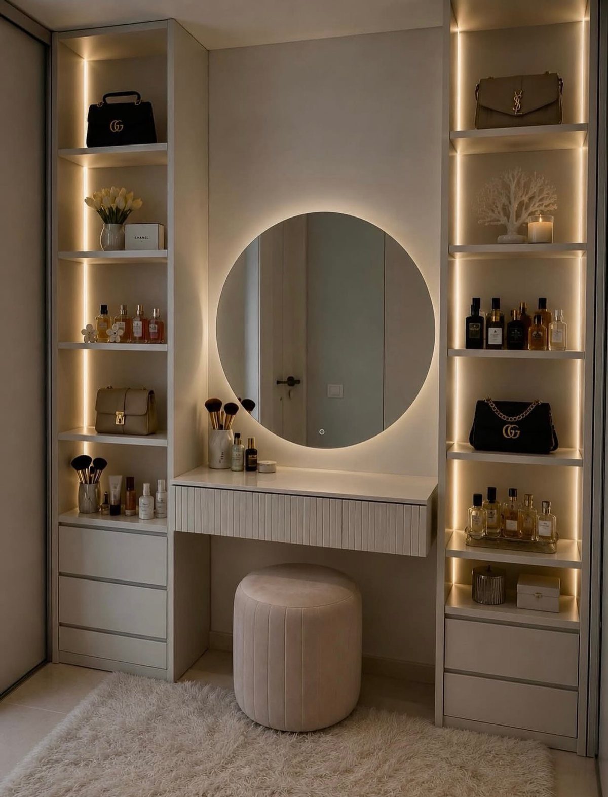 A white vanity desk with a backlit circular mirror and tall shelving units containing perfumes and bags.