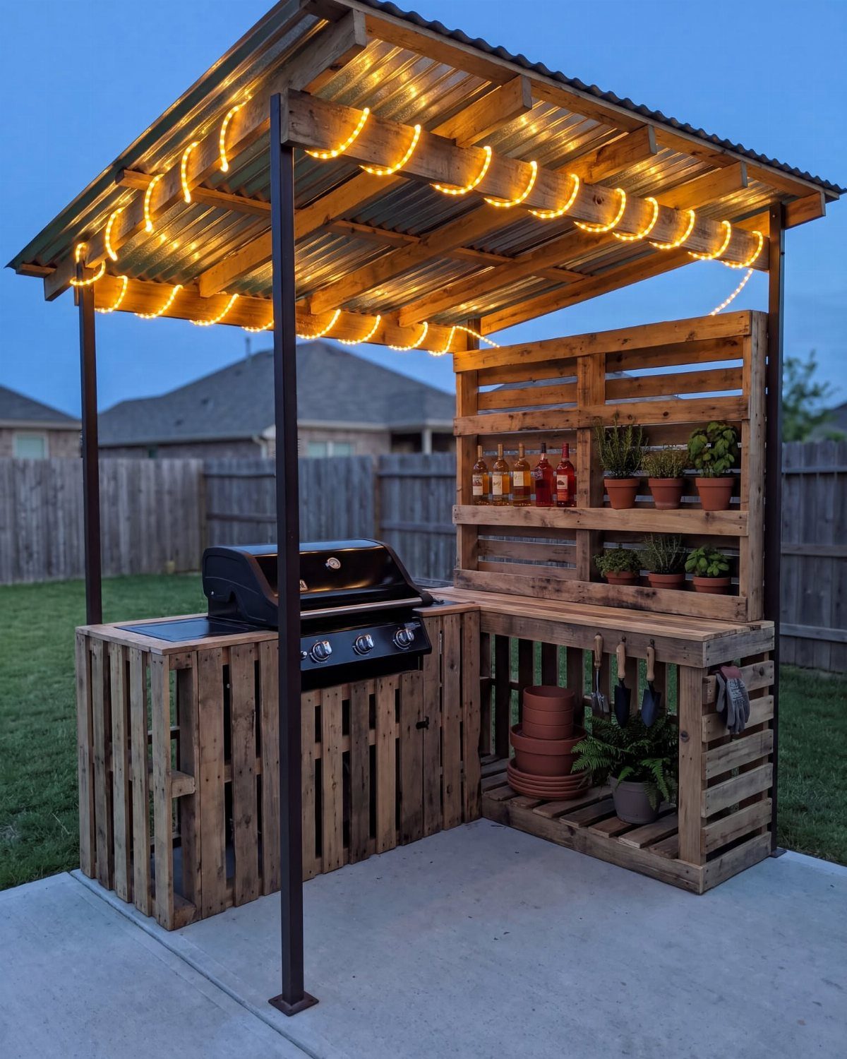 6 Covered Patio Grill Area Ideas for Any Yard 6 A wooden pallet grill station with a metal roof shelter and warm string lights outdoors.