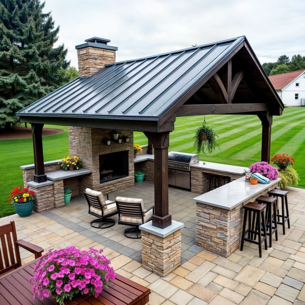 6 Covered Patio Grill Area Ideas for Any Yard 5 A stone outdoor kitchen with a built-in grill, fireplace, and bar seating under a wooden pavilion.