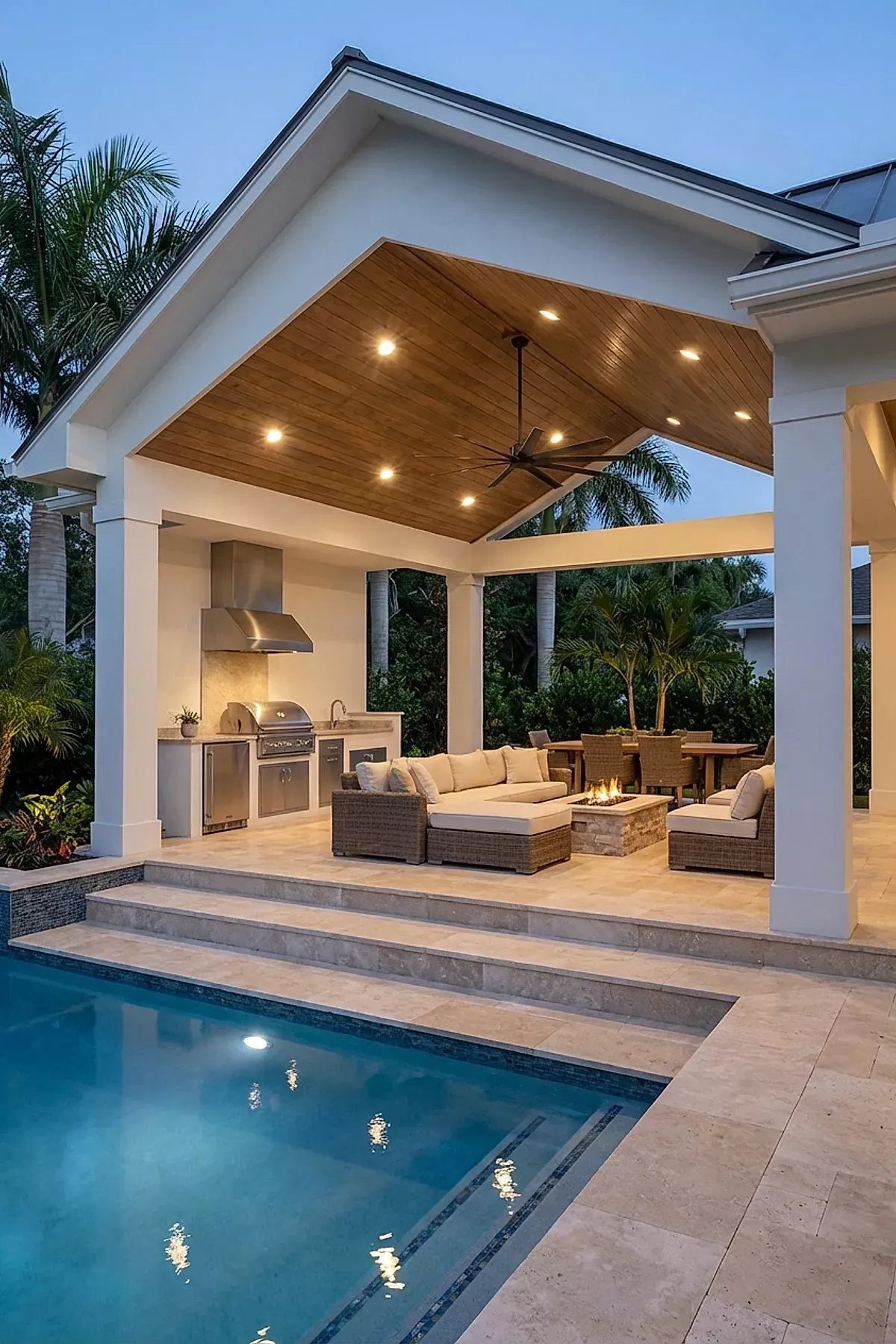 6 Covered Patio Grill Area Ideas for Any Yard 3 A luxury outdoor kitchen with a built-in grill and lounge seating next to a swimming pool.