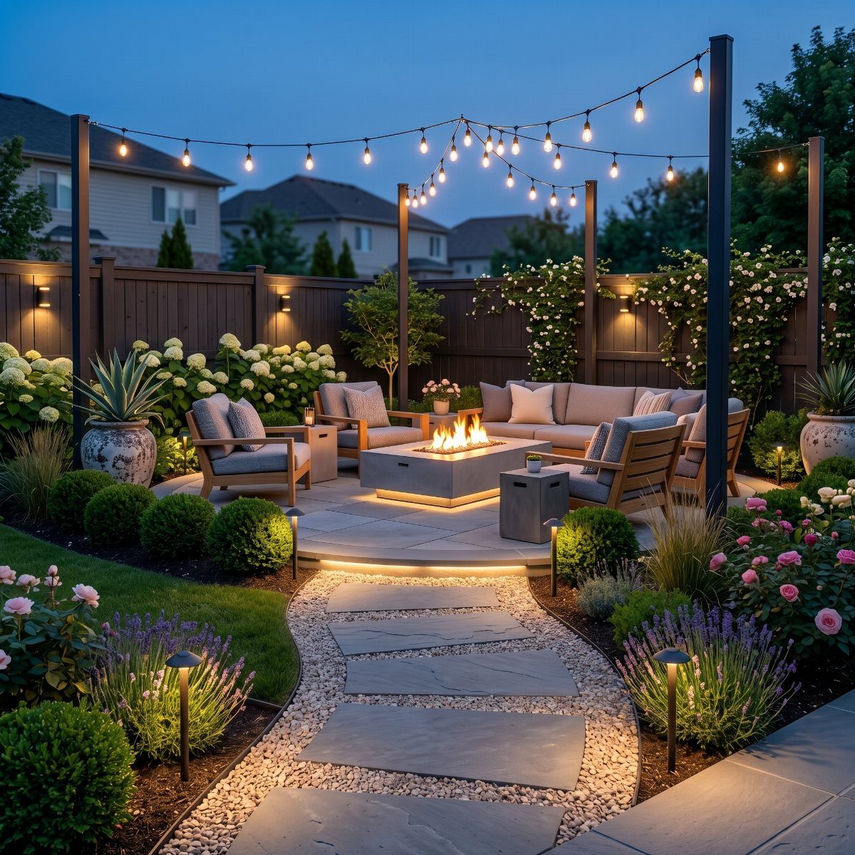 Cozy Winter Garden Ideas: 8 Ways to Warm Cold Months 6 A stone patio with a fire pit, lounge seating, and string lights in a landscaped garden.