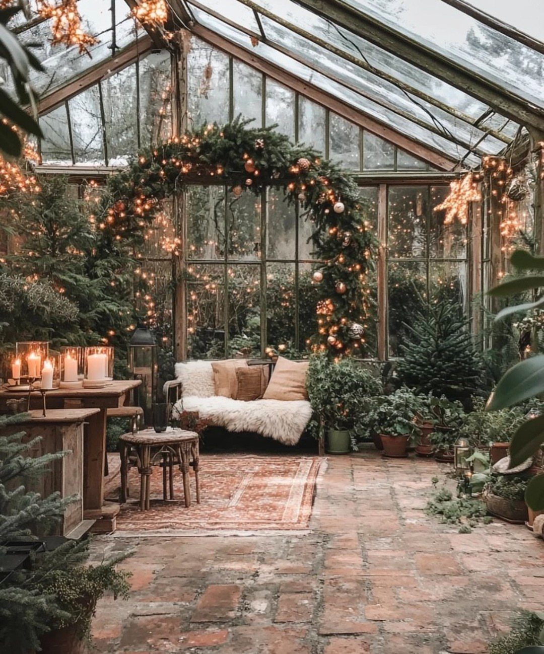 Cozy Winter Garden Ideas: 8 Ways to Warm Cold Months 1 A decorated greenhouse with a lighted evergreen arch, cozy seating, and many potted plants.