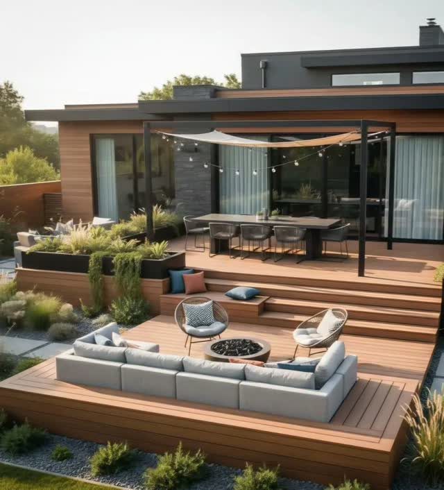 8 Deck No Railing Ideas for Outdoor Living without Barriers 3 Multi-level wooden deck featuring a lounge area with a sectional sofa and a dining area under a pergola.